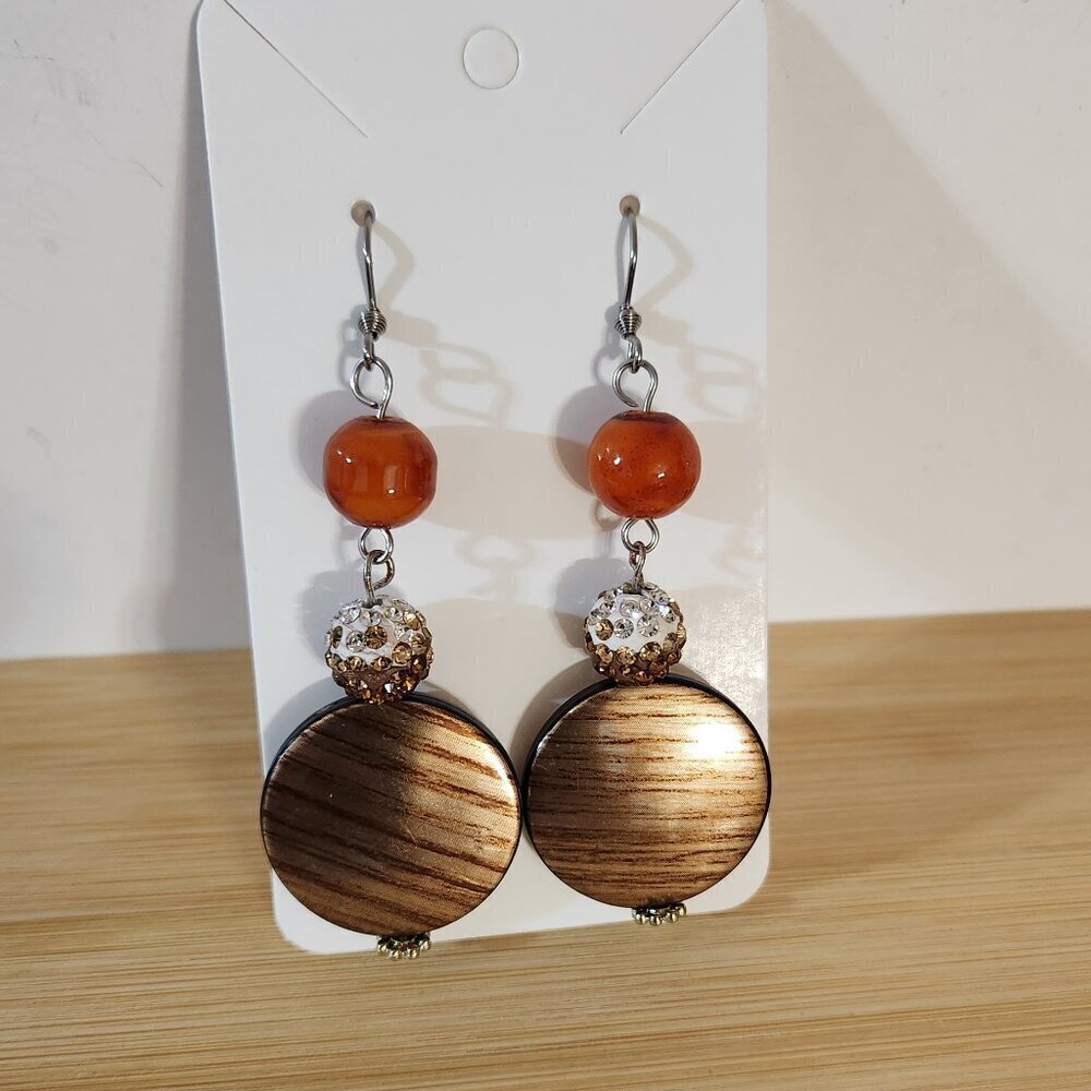 Hand Crafted Earrings Pierced Beaded Dangle Orange Brown CZ